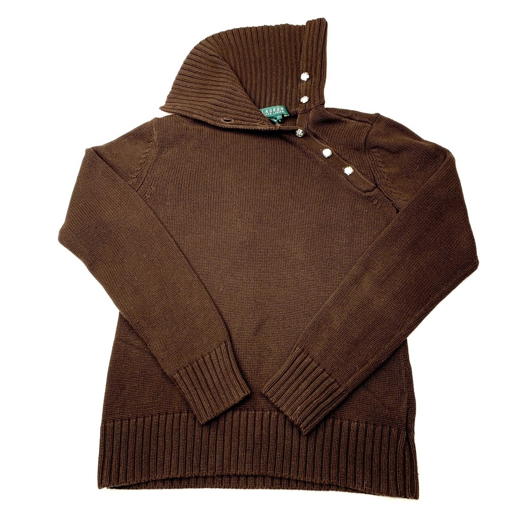Lauren Ralph Lauren Brown Cotton Button Neck Sweater Womens Small Funnel Neck